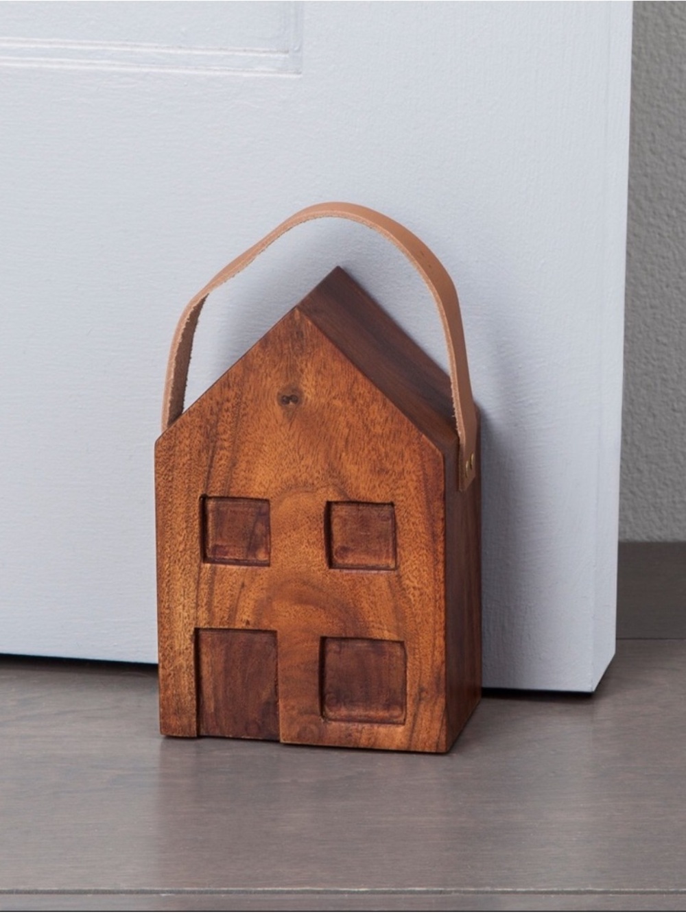Hearth & Hand Magnolia Wood House Wooden Heavy Door Stopper w/ Leather Handle